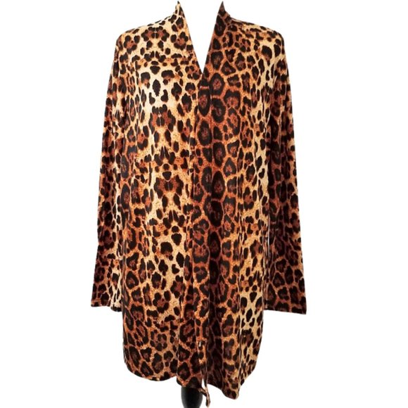 A.GAIN Leopard Animal Print Open Front Cardigan With Pockets - Women's L - Picture 3 of 9